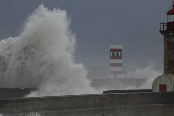 Big Stormy Sea Wave Splash Douro River Mouth South Piers — Stock Photo, Image