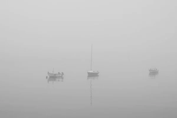 Маленькие Лодки Туманном Рассвете Река Дору Севере Португалии Конвертированное Черно — стоковое фото