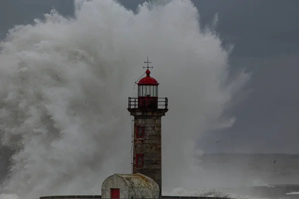 Mer Orageuse Avec Grandes Vagues Embouchure Fleuve Douro Porto Portugal — Photo