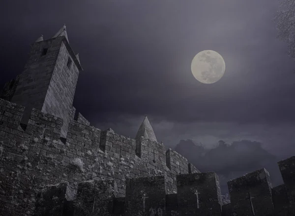 Old European Medieval Castle Cloudy Full Moon Night Stock Picture