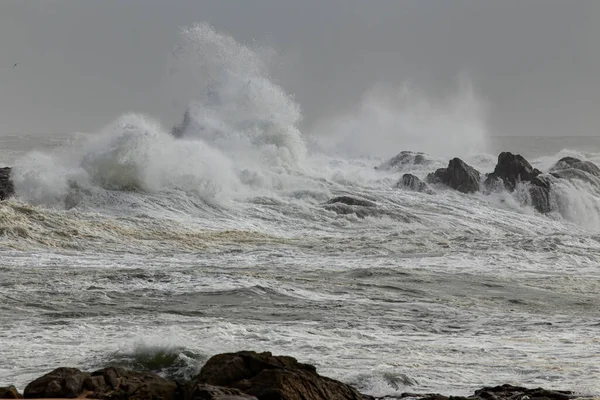 Zeerots Overstroomd Door Stormachtige Golven Noord Portugese Rotskust — Stockfoto