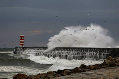 Fırtınalı karanlık gökyüzüne büyük dalga sıçradı. Douro nehri ağzı, Portekiz 'in kuzeyinde yeni kuzey rıhtımı ve fener. Günün sonunda gün ışığı.