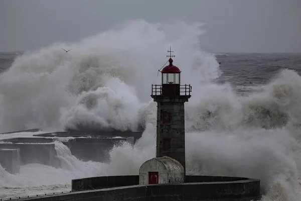 Штормовое Море Большими Волнами Устье Реки Дору Порту Португалия — стоковое фото