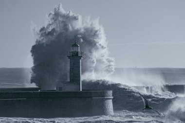Big stormy wave splash. Used infrared filter. Douro mouth old granite south pier and lighthouse. Toned blue.