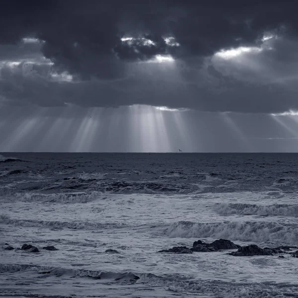 Stormy Seascape Dramatic Clouds Sunbeams Used Infrared Filter Toned Blue — 스톡 사진