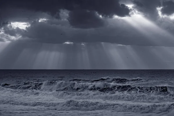 Stormy Seascape Dramatic Clouds Sunbeams Used Infrared Filter Toned Blue — Fotografie, imagine de stoc