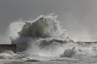 Big sea wave splash in a pier from northern portuguese coast with an interesting light.