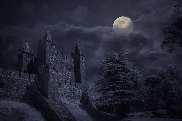 Old medieval castle in a cloudy full moon night