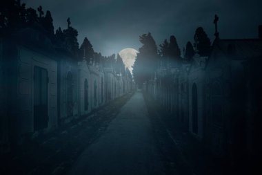 Spooky old european cemetery street in a full moon night