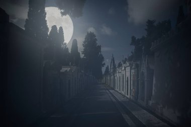 Spooky old european cemetery street in a full moon night