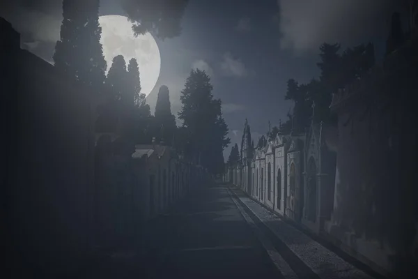 Spooky Old European Cemetery Street Full Moon Night — Stock fotografie