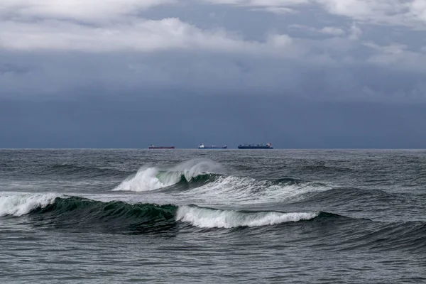 Northern Portuguese Coast Rain Seeing Commercial Ships Horizon — Stockfoto