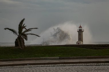 Kasırga sırasında Douro nehri ağzı, Porto, Portekiz