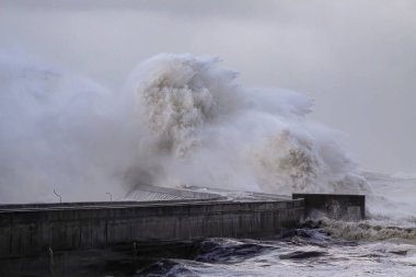 Huge stormy wave splash in the middle of moisture. Light from overcast sky. North of Portugal.