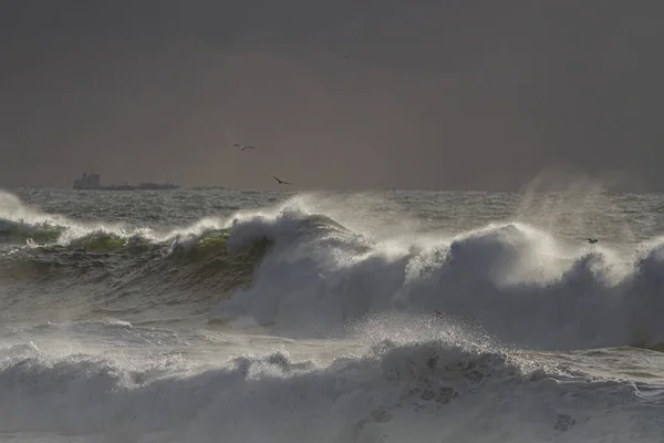 Long stormy wave seeing a ship on the horizon. Northern portuguese coast in an overcast sunset.