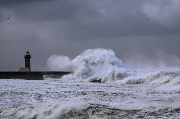 Douro river mouth during winter storm, Porto, north of Portugal.