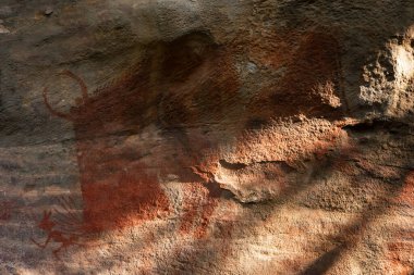 Bhimbetka Kaya Barınakları, Raisen, Madhya Pradesh, Hindistan. 2003 yılında UNESCO Dünya Mirası ilan edilen sığınaklarda Yukarı Paleolitik dönemden Ortaçağ 'a kadar uzanan antik kaya sanatı yer alıyor..