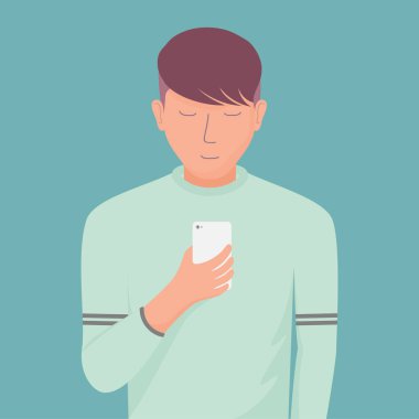 Akıllı Telefonlu Adam. Sosyal medya bağımlılığı. Vektör İllüstrasyonu