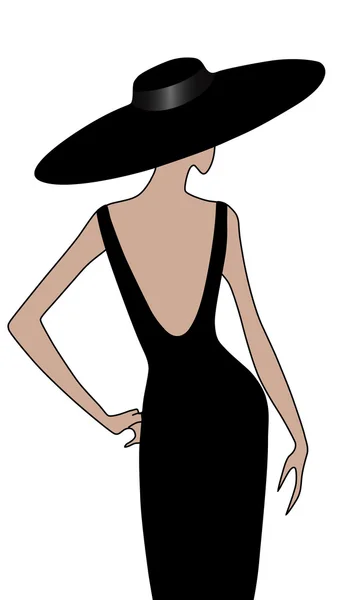 Meisje met hoed in zwarte jurk achteraanzicht — Stockvector