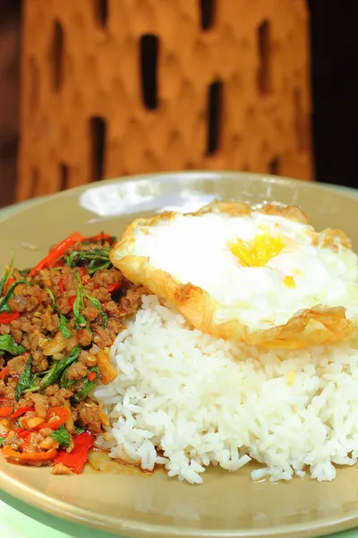 Basil Fried Rice with minced meat - fried egg. — Stock Photo, Image