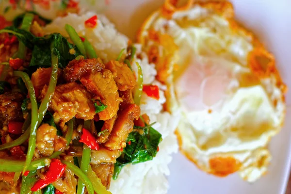 Porco de manjericão crocante de arroz com ovo frito . — Fotografia de Stock
