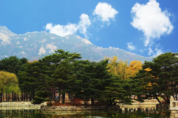 Piękny krajobraz w gyeongbok palace w Korei Południowej. — Zdjęcie stockowe