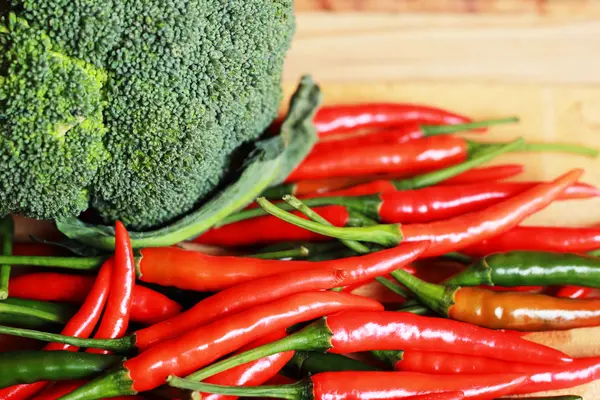 Broccoli, fresh vegetables and fresh chili — Stock Photo, Image