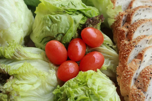 Bröd bevattnas med Sesam - grön grönsakssallad — Stockfoto
