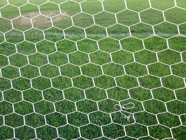 Golo de futebol - redes de futebol com grama verde — Fotografia de Stock