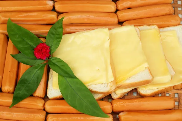 Cheese the place on a slice of bread and sausage. — Stock Photo, Image