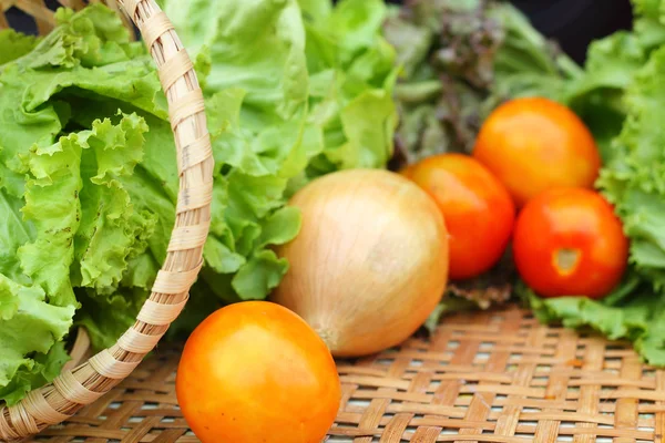 Grönsaker sallad och tomat i korgen — Stockfoto