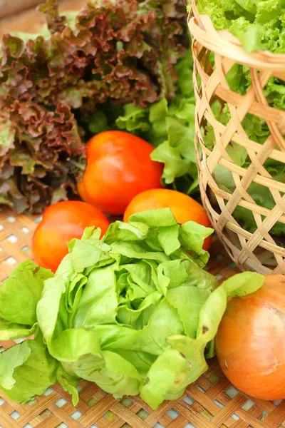 Grönsaker sallad och tomat i korgen — Stockfoto