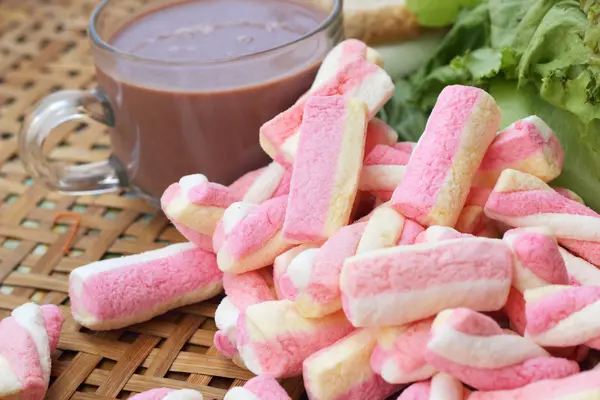 Hot chocolate and marshmallows pink tuna sandwich. — Stock Photo, Image