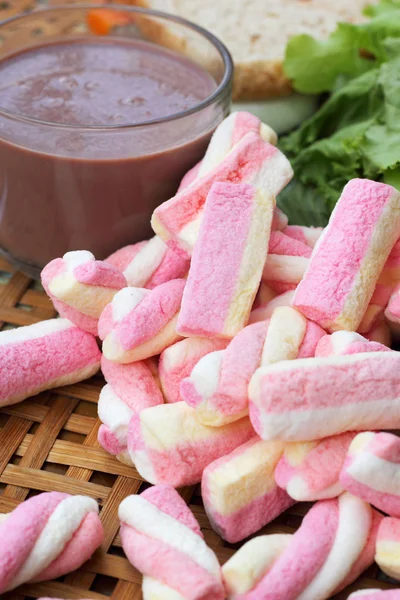 Hot chocolate and marshmallows pink tuna sandwich. — Stock Photo, Image