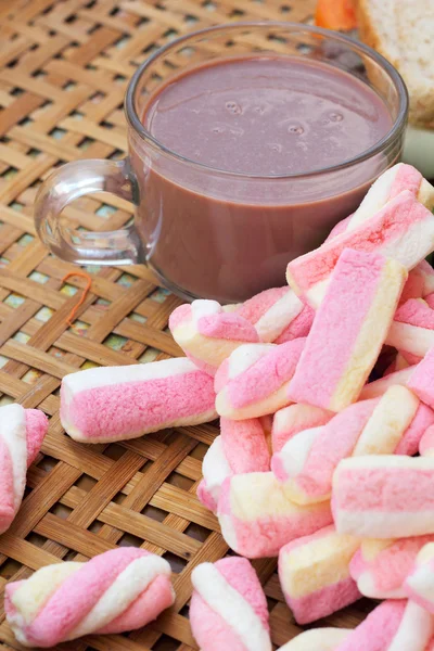 Hot chocolate and marshmallows pink tuna sandwich. — Stock Photo, Image