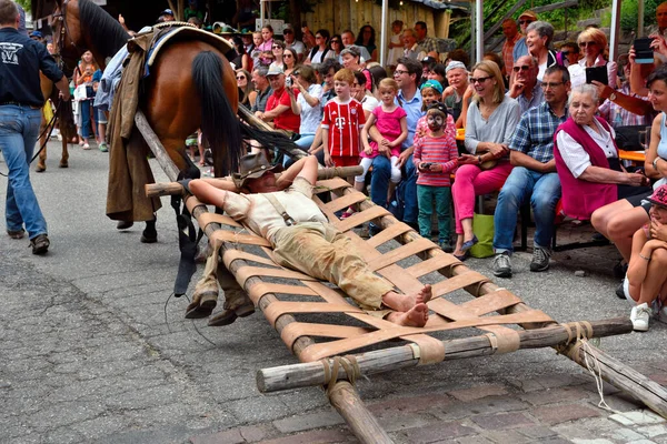 Wózek Wieśniakiem Ciągnięty Przez Konia Udającego Śpi Wiejski Festiwal Dorffest — Zdjęcie stockowe