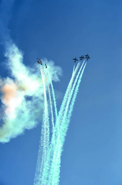 Frecce Tricolori Maneuvers Aerobatic Team Returns Fly Sky Ligurian Capital — Stock Photo, Image