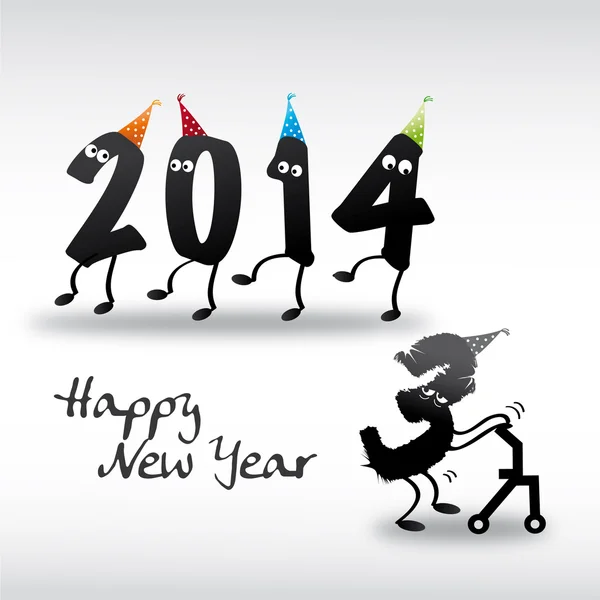 Ευτυχισμένο το νέο έτος 2014 ευχετήρια κάρτα, μέσα και έξω από το χρόνο — Διανυσματικό Αρχείο