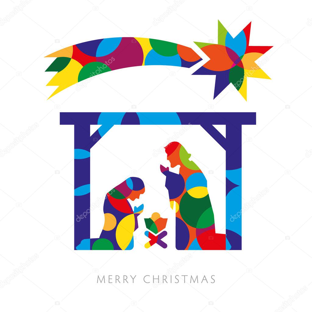 Holy night - Merry Christmas. Greeting card invitation. Baby jesus born in bethlehem. Colorful vector illustration