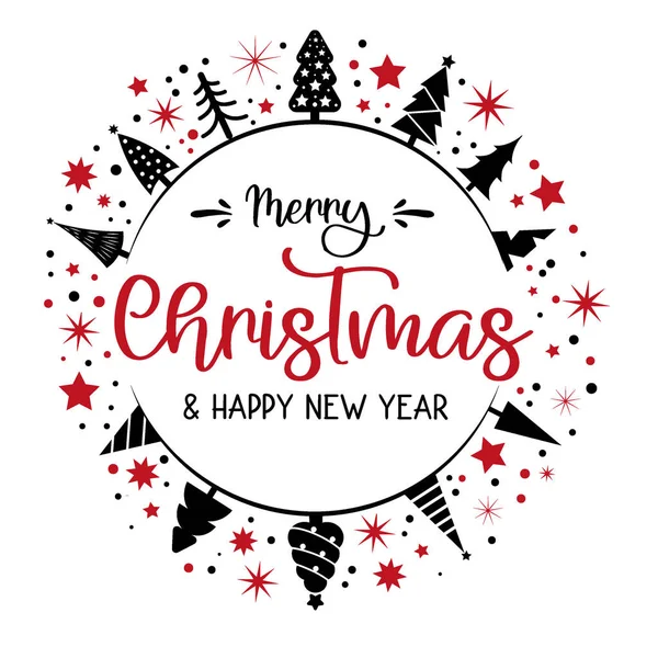 用圣诞树和星星向贺卡邀请函致意 圣诞快乐 新年快乐书信模板 寒假相关的打字引文 矢量古老的例证 白色背景上的红色和黑色 — 图库矢量图片