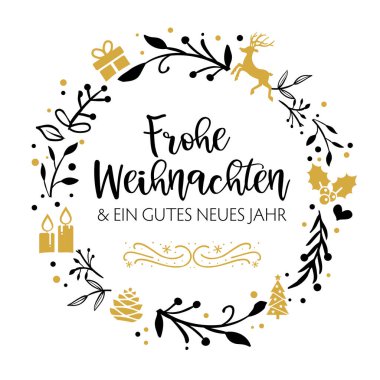 Almanca Mutlu Noeller. Üzerinde Advent çelengi ve diğer noel sembolleri olan metin - vektör kaligrafik harfler.