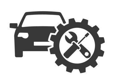Araba denetim simgesi vektör logo şablonu taşımacılığıdır. Siyah araba, çark ve aletler.