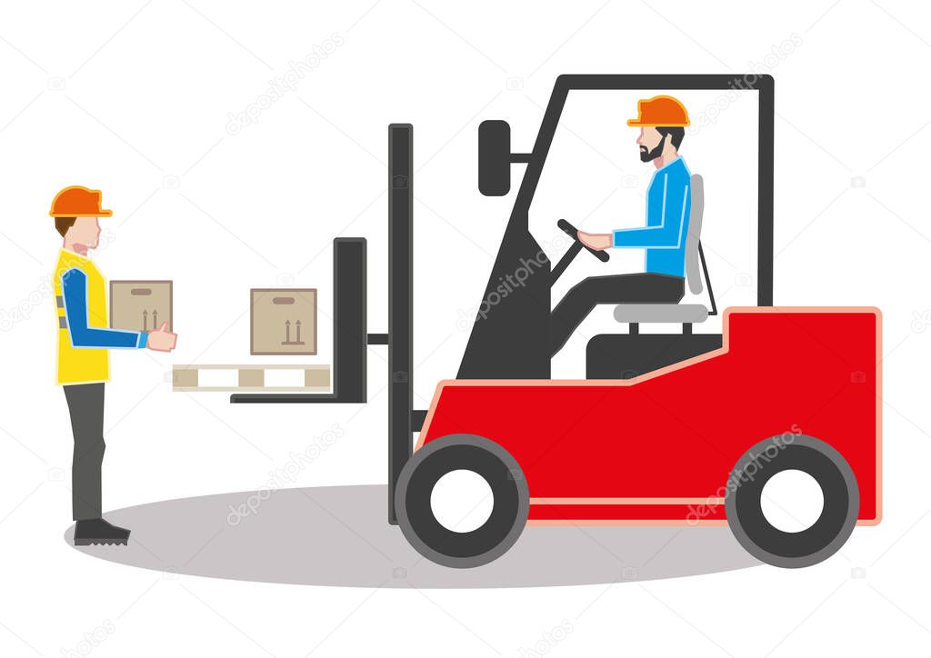Vector illustration of forklift truck with man driving isolated on white background - staff unloads packets