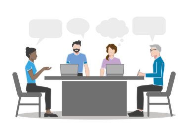 Ofisteki beyin fırtınası toplantısında iş adamlarıyla ve konuşma baloncuklarıyla vektör illüstrasyonda çok kültürlü iş adamlarının ortak süreci