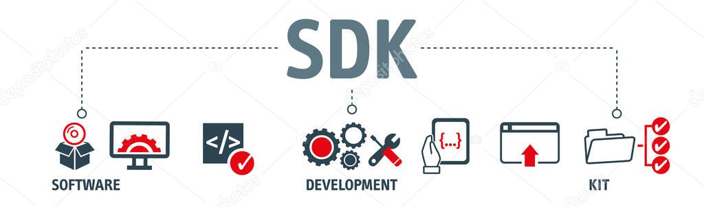 A software development kit (SDK) is a collection of software development tools in one installable package - Banner vector illustration concept with keywords and icons
