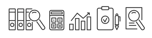 Set Audit Vector Line Icons Contains Graphics File Magnifying Glass — Vetor de Stock