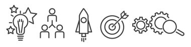 Set of startup vector line icons. Contains such graphics as innovation, planning, target, team and process. Editable Stroke on white background for web and print
