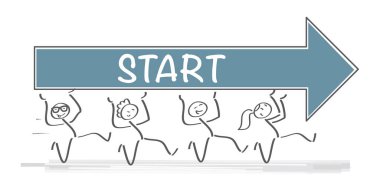 Fast running Stick figures holding the text Start - preparation for formation of an enterprise, work, focus and willingness - vector illustration