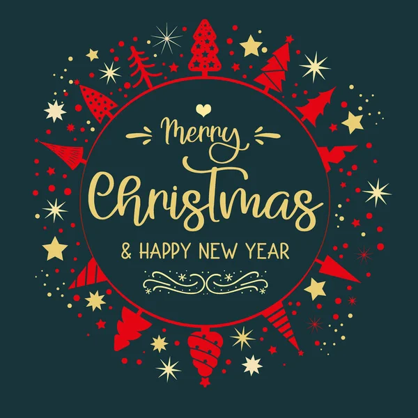クリスマスツリーと星とグリーティングカードの招待状 メリークリスマスとハッピーニューイヤーレタリングテンプレート 冬休み関連のタイポグラフィ引用 ベクトルヴィンテージイラスト 濃い緑色の背景に赤と金色 — ストックベクタ