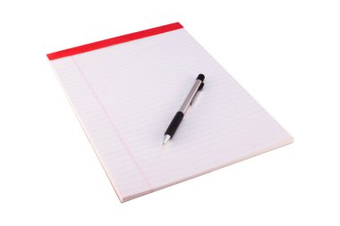 Beyaz arka planda izole edilmiş yasal bir defter ve mekanik kalem..